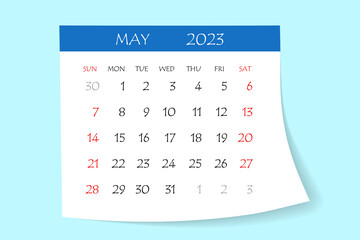 May 2023 calendar planner. Corporate week. Template layout, 12 months yearly, white background. Simple design for business brochure, flyer, print media, advertisement. Week starts from Monday