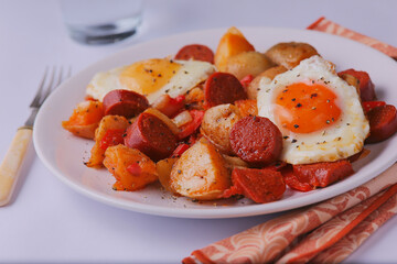 Chorizo and Spanish eggs with potatoes and mixed onions and peppers.