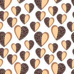 Heart cookie with white pearl. Vector seamless pattern with heart shaped cookie. Design for Valentine's Day, love cards, decor, wrapping paper.