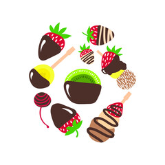Sweet desserts vector set. Hand drawn cartoon vector sweets, candy bar, cookie. Chocolate candies, cookies, fruits in chocolate.