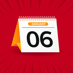 White and yellow calendar on red background. January 6th. Vector. 3D illustration.