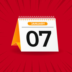 White and yellow calendar on red background. January 7th. Vector. 3D illustration.