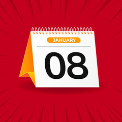 White and yellow calendar on red background. January 8th. Vector. 3D illustration.