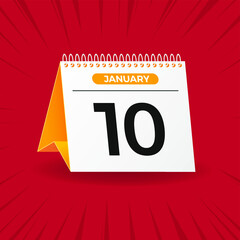 White and yellow calendar on red background. January 10th. Vector. 3D illustration.
