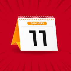 White and yellow calendar on red background. January 11th. Vector. 3D illustration.