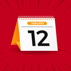 White and yellow calendar on red background. January 12th. Vector. 3D illustration.