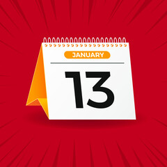 White and yellow calendar on red background. January 13th. Vector. 3D illustration.