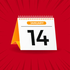 White and yellow calendar on red background. January 14th. Vector. 3D illustration.