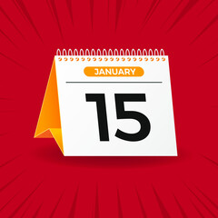 White and yellow calendar on red background. January 15th. Vector. 3D illustration.