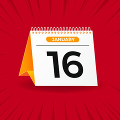 White and yellow calendar on red background. January 16th. Vector. 3D illustration.