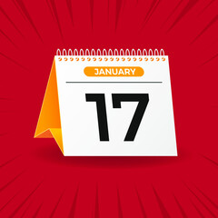 White and yellow calendar on red background. January 17th. Vector. 3D illustration.