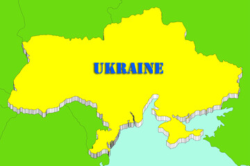 ukraine: the country of ukraine highlighted in yellow in three-dimensional 3D form, with the nation written in blue.