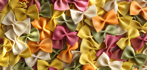Italian pasta spaghetti Farfalle background. Bow-tie colourful pasta pattern. Horizontal Flat lay top view