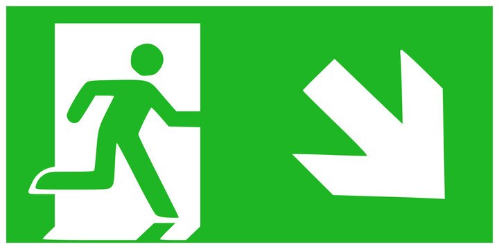 ISO 7010 E002 + Arrow: Emergency Exit sign with greeen symbols on white ground and arrow.