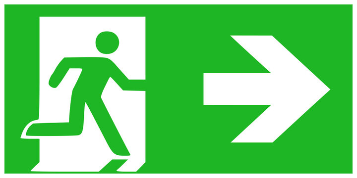 ISO 7010 E002 + Arrow: Emergency Exit sign with greeen symbols on white ground and arrow.
