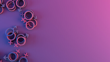 Male and female signs on purple pink background with blank copy space to insert text, concept of gender identity, non-binary and gender fluid , 3D illustration