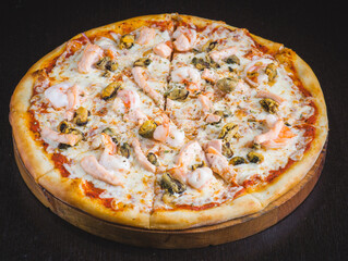 Many kinds of tasty pizza with salami, meat and chicken on light background. Table with many italian homemade pizza. Flat lay food