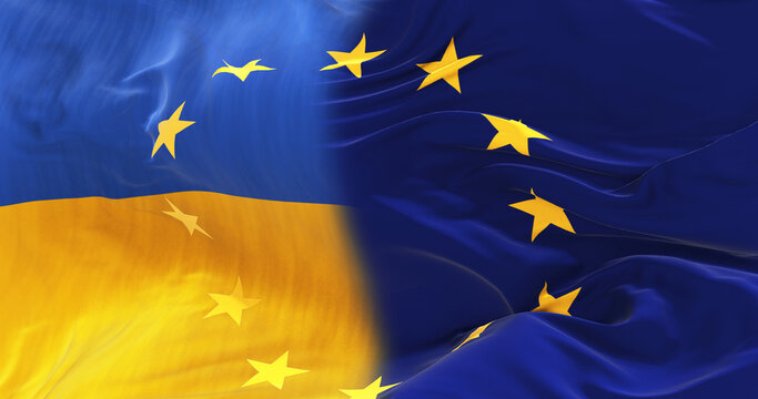 flags of Ukraine and European Union at cloudy sky background on sunset. collaboration patriot concept. Ukreain in EU