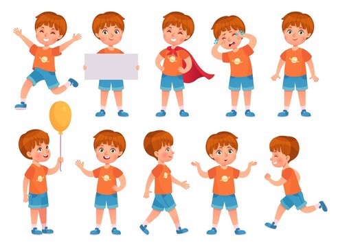 Cartoon boy character in various poses, gestures and expression, standing, walking and running. Kindergarten kid crying, jumping, holding banner and waving hand vector set