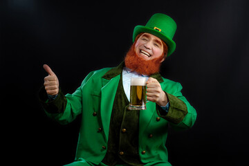 Leprechaun elf on St. Patrick's Day. Cheerful character Irish leprechaun for advertising with a red...