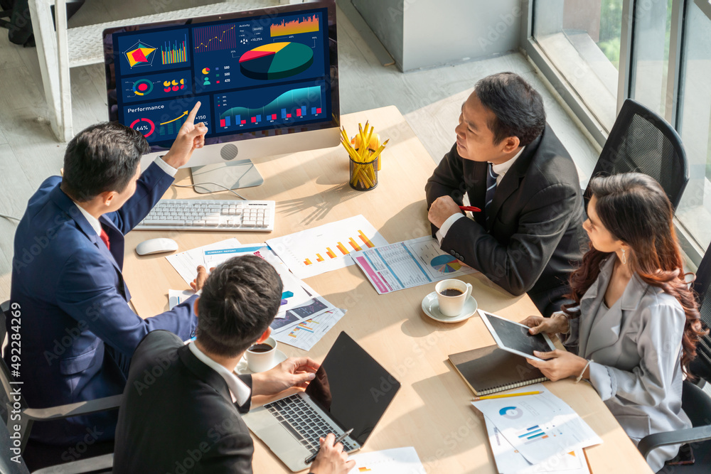 Poster business data dashboard analysis by ingenious computer software . investment application display bus
