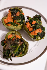 Roasted green pepper stuffed with kale and carrot, healthy diet, vegan, vegetarian