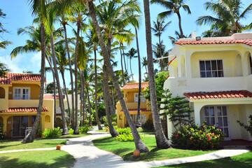Punta Cana, Dominican Republic - path in tropical garden, Caribbean architecture, colorful buildings