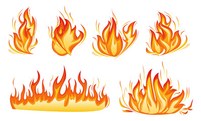 bonfire burn in cartoon style, cartoon fire flaming, red and orange fires flame in flat style
