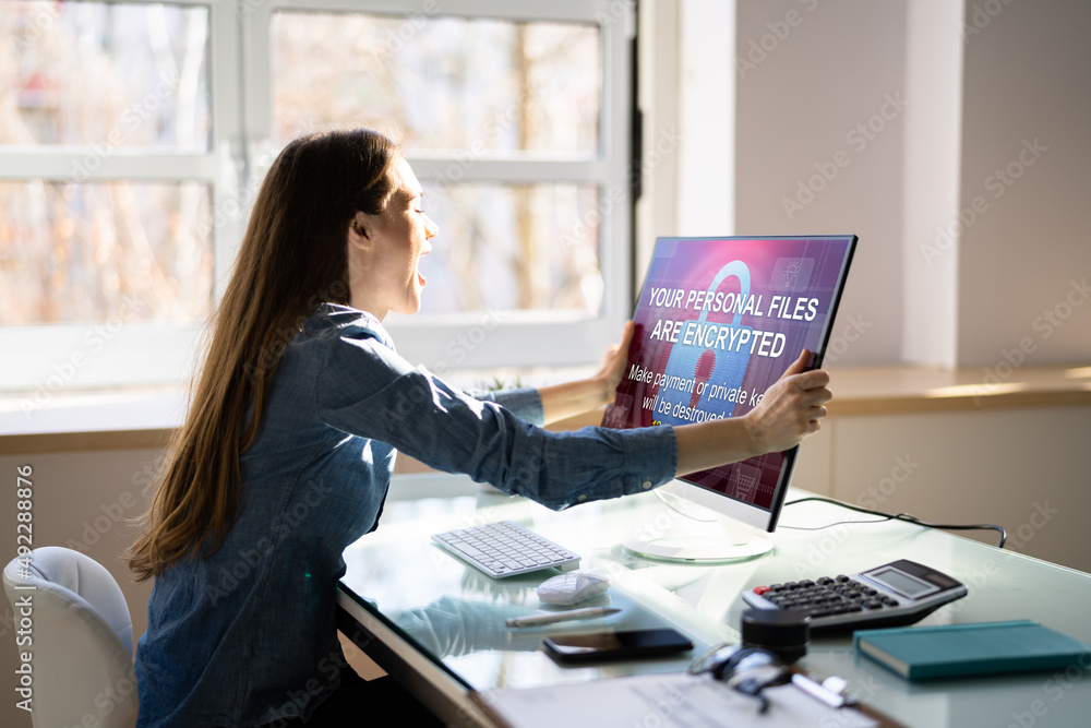 Poster ransomware malware attack. hacked business computer