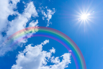 Fototapeta na wymiar Bright blue sky with rainbow and sunshine_blue_18