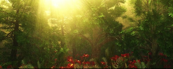 Beautiful morning in the park, sun rays in the branches of trees, sunset in the forest, 3d rendering