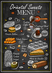 Chalk drawing Oriental Sweets menu on blackboard. Line art Turkish coffee, black tea, pistachio baklava, almond, chocolate Turkish delight, baked dessert. Arabian food and drink. Vector illustration.