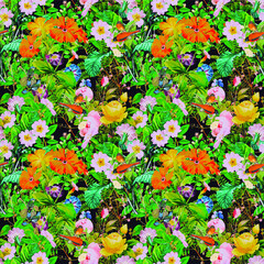 Luxury floral seamless pattern for creating textiles, wallpaper, paper. Print nature themes background. Seamless background with garden flowers, bird and. Vintage. Vector Illustration. free download