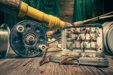 Old and restro angler equipment with floats, rods and hooks