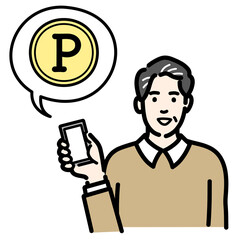 スマートフォンを持ってポイントの説明をしている中年男性
