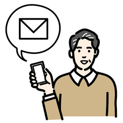 スマートフォンを持ってメールの説明をしている中年男性
