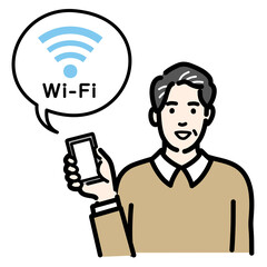 スマートフォンを持ってWi-Fiの説明をしている中年男性
