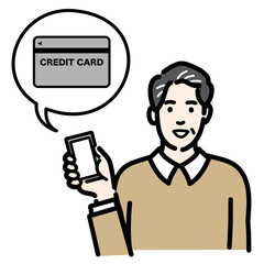 スマートフォンを持ってクレジットカードの説明をしている中年男性
