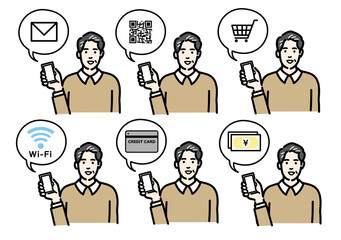 スマートフォンを持って説明をしている中年男性のセット
