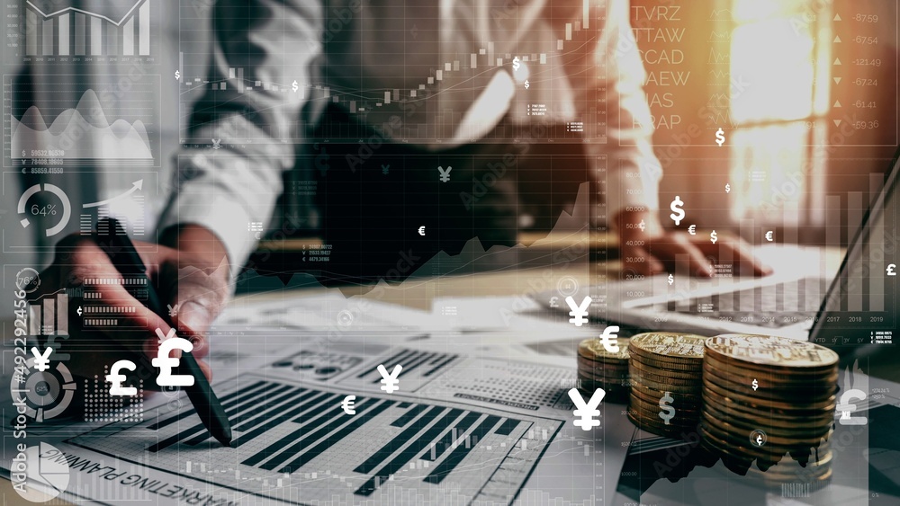 Poster conceptual business dashboard for financial data analysis . 3d render computer graphic .