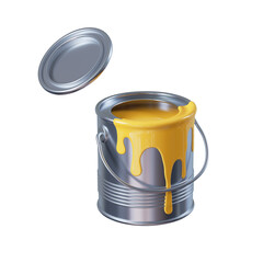 3d rendering, metal bucket with yellow paint isolated on white background, construction clip art