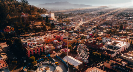 Aerial photography of the streets, main church, Calvario hill and the center of the Magical Town of...