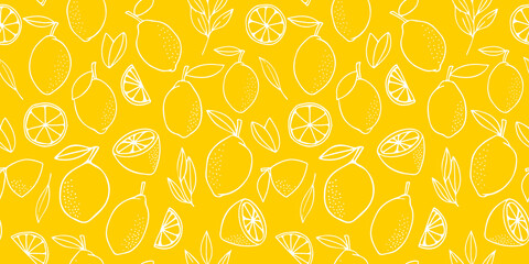 Yellow lemons with leaves. Citrus for lemonade, vitamins, healthy vegeterian food. Vector seamless pattern isolated on white background. Vivid summer illustration. For printing on paper and fabric.