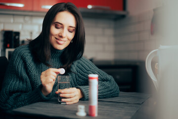 Smiling Woman Taking an Effervescent Multi Vitamins Pill