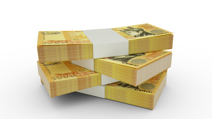 3d rendering of Stack of Bhutanese ngultrum notes. Few bundles of Bhutanese currency isolated on white background