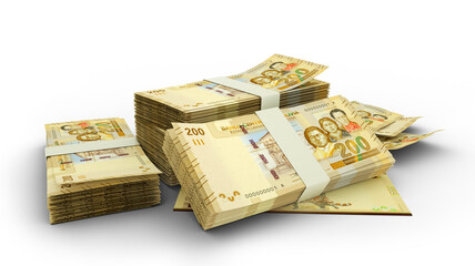 3D Stack of 200 Bolivian Boliviano notes isolated on whited background. Bolivian currency