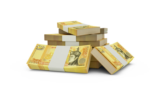 3d rendering of Stack of Bhutanese ngultrum notes. bundles of Bhutanese currency notes isolated on white background