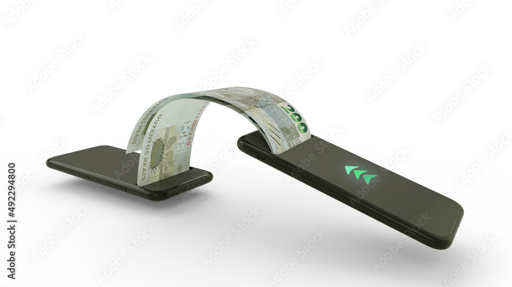 Poster 3d rendering of brazilian real notes transferring from one phone to another. mobile money transactio