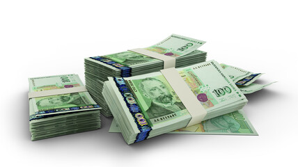 3D Stack of 100 Bulgarian lev notes isolated on white background