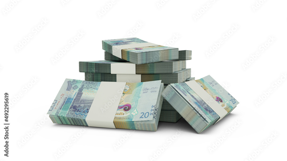 Poster 3d rendering of stack of kuwaiti dinar notes. bundles of kuwaiti currency notes isolated on white ba